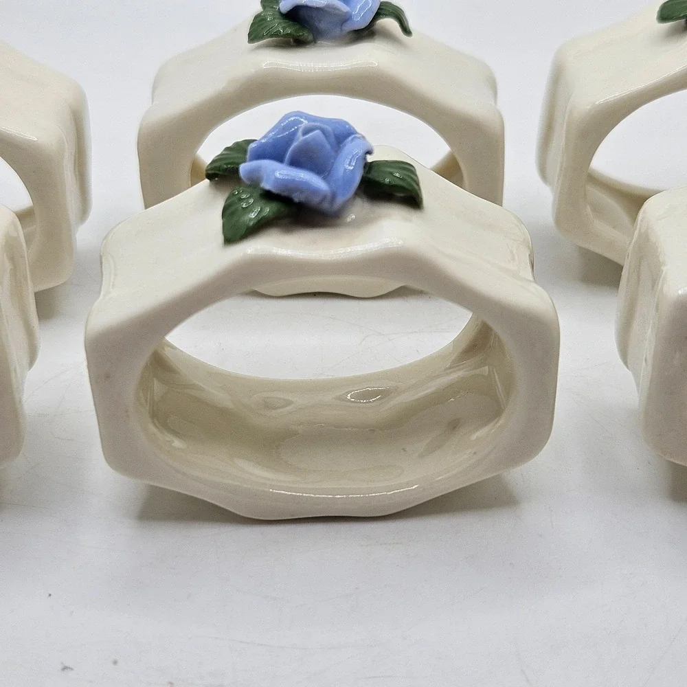 Vintage Porcelain Napkin‎ Rings Set of 6 Blue Rose Floral Grannycore Cottagecore
